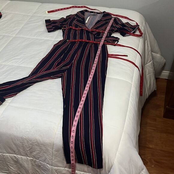 ASOS Pantsuit Sz 0 V Neck Collar Short Sleeve Navy Blue Red Striped Side Belted - Picture 14 of 15